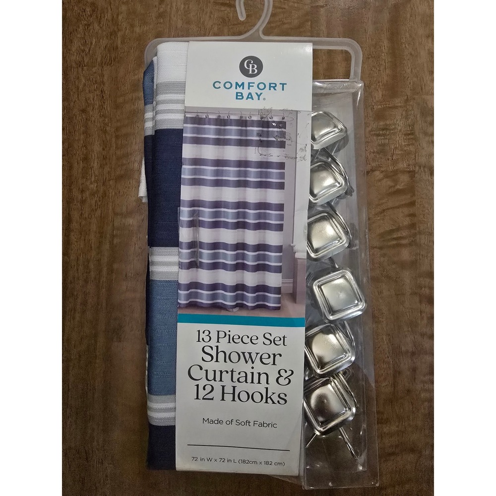 Comfort Bay Blue White Striped Fabric Shower Curtain Set with 12 Square Hooks